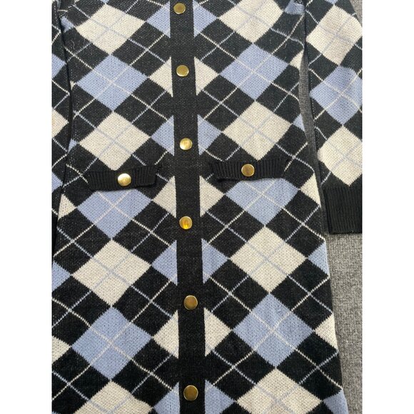 Vintage-Inspired Argyle Cardigan Dress & Gold Buttons M Comfort Casual Style - Picture 2 of 7